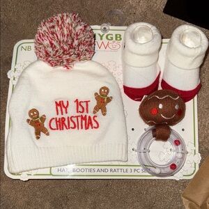 NEW| Festive White and Red Baby Hat Set, booties & rattle